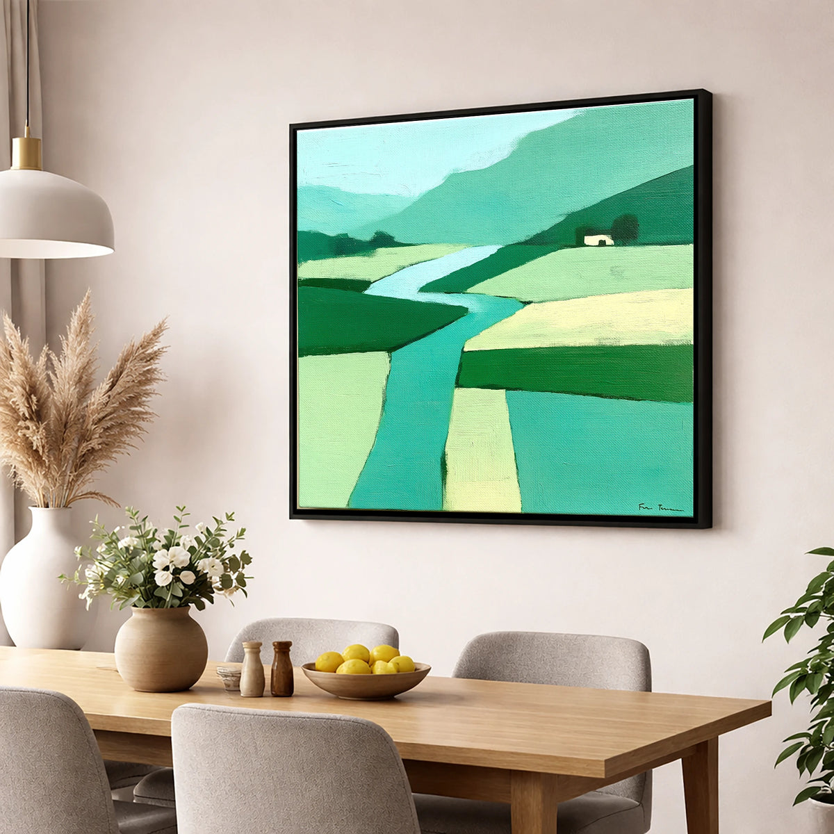 Abstract River Derwent Valley lake district waterfall wall art displayed in a dining room
