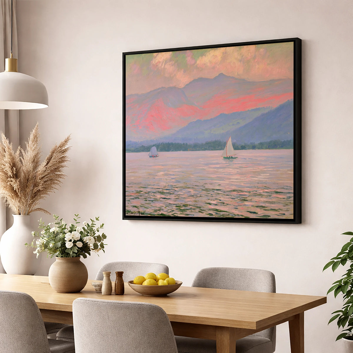Windermere Sailboats In Rose Light lake district lake wall art displayed in a dining room