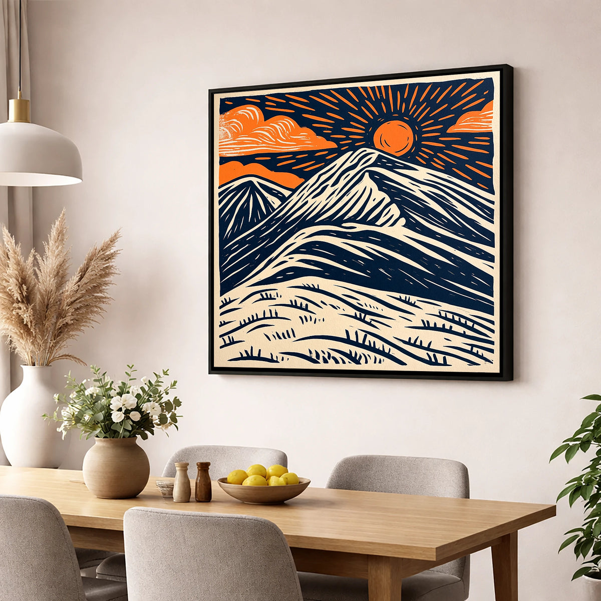 Blencathra With Terracotta Sunburst lake district fell wall art displayed in a dining room
