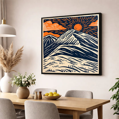 Blencathra With Terracotta Sunburst lake district fell wall art displayed in a dining room