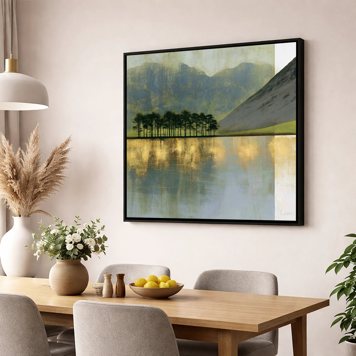 Buttermere Pines in Slate and Gold lake district lake wall art displayed in a dining room