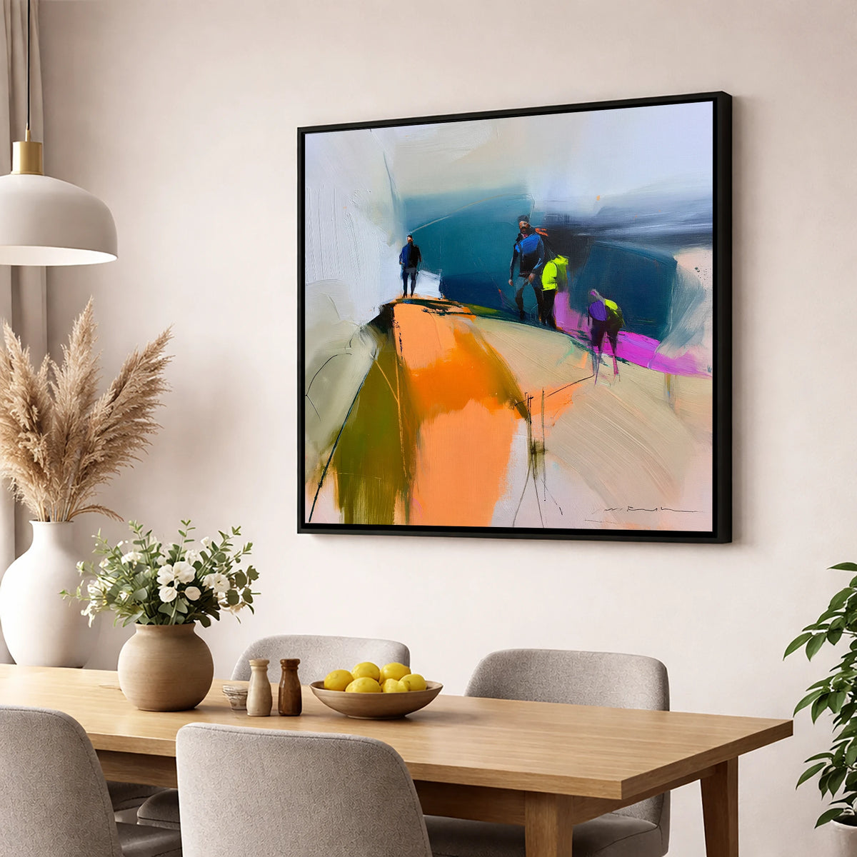 Vibrant Hikers on a Fell Top lake district fell wall art displayed in a dining room