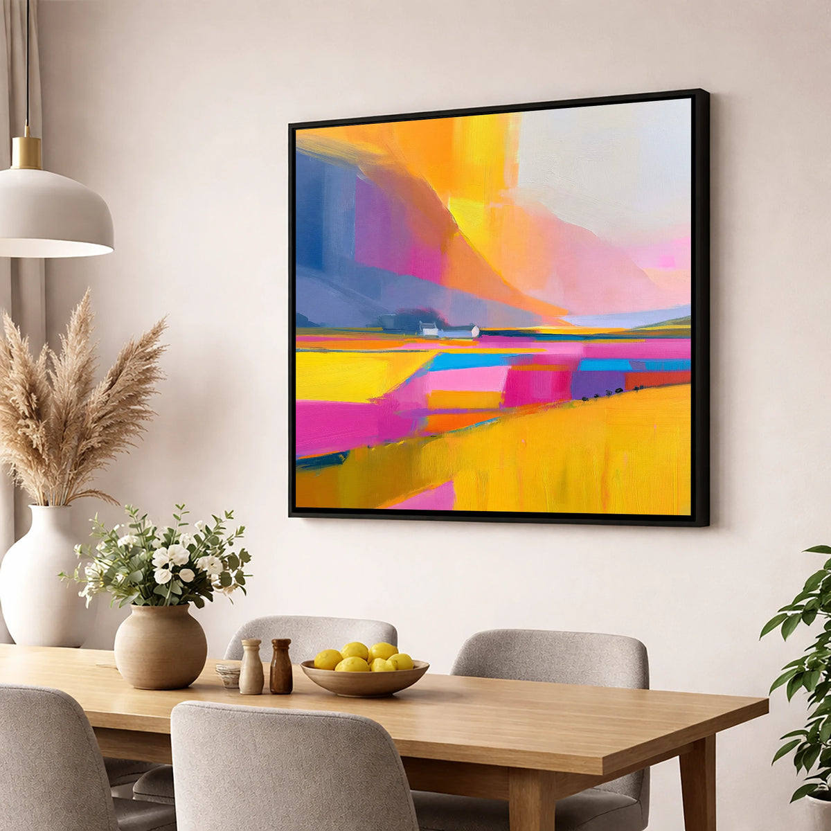 Fuchsia Fields in a Lakeland Dale lake district valley wall art displayed in a dining room