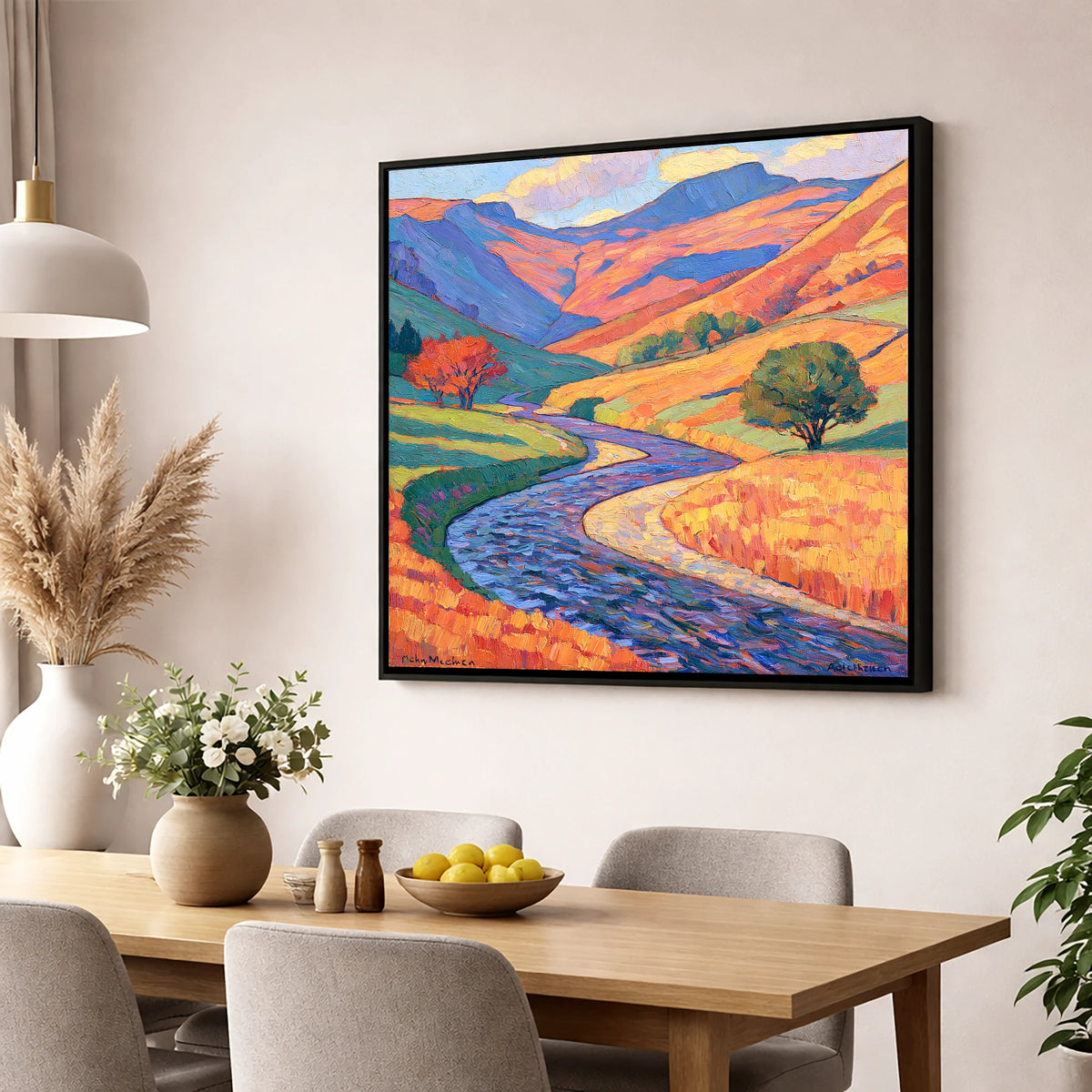 Winding River in Vibrant Valley lake district waterfall wall art displayed in a dining room