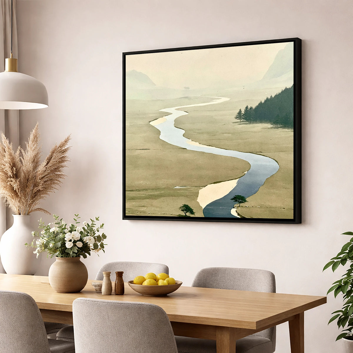 Winding Beck in Ochre Valley lake district waterfall wall art displayed in a dining room