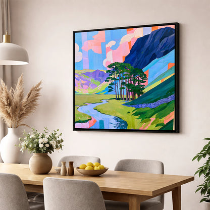 Vibrant Pines Below Haystacks lake district fell wall art displayed in a dining room