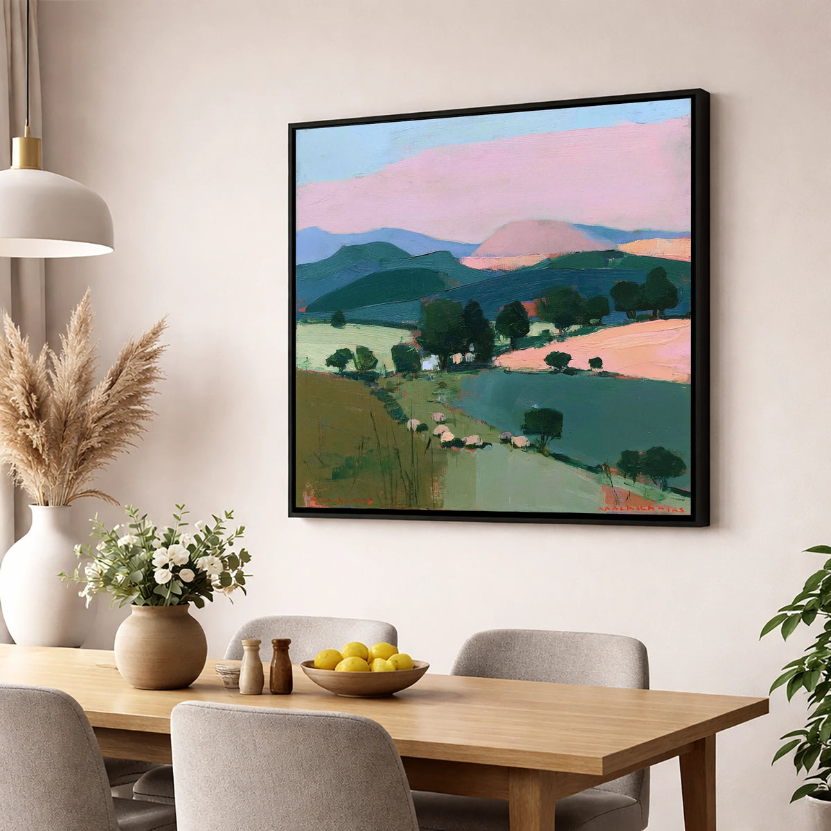 Pink Evening Light on Lakeland Fells lake district sky wall art displayed in a dining room