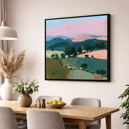 Pink Evening Light on Lakeland Fells lake district sky wall art displayed in a dining room