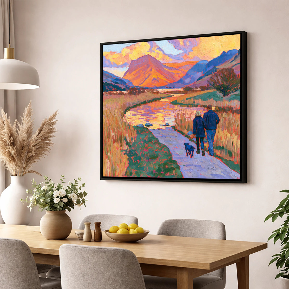 Sunset Dog Walk at Buttermere gifts for dog walkers wall art displayed in a dining room