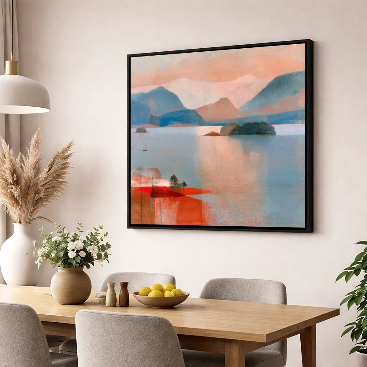 Derwentwater and Catbells Coral Dusk lake district lake wall art displayed in a dining room