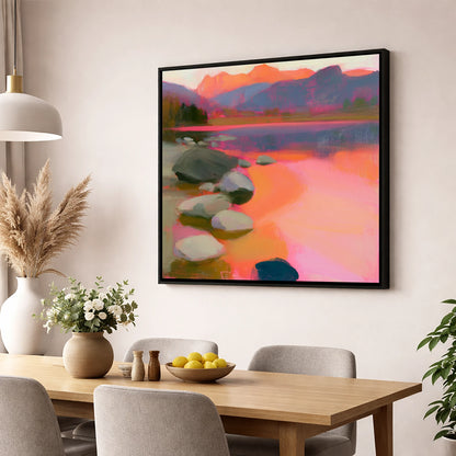 Elterwater Rocks in Fiery Light lake district lake wall art displayed in a dining room