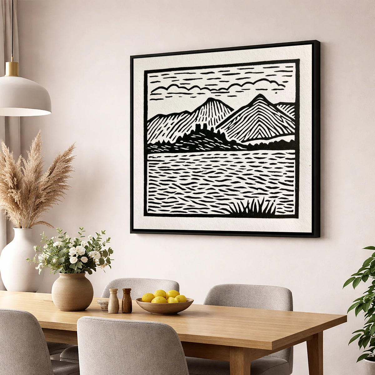 Monochrome Derwentwater Fells lake district lake wall art displayed in a dining room