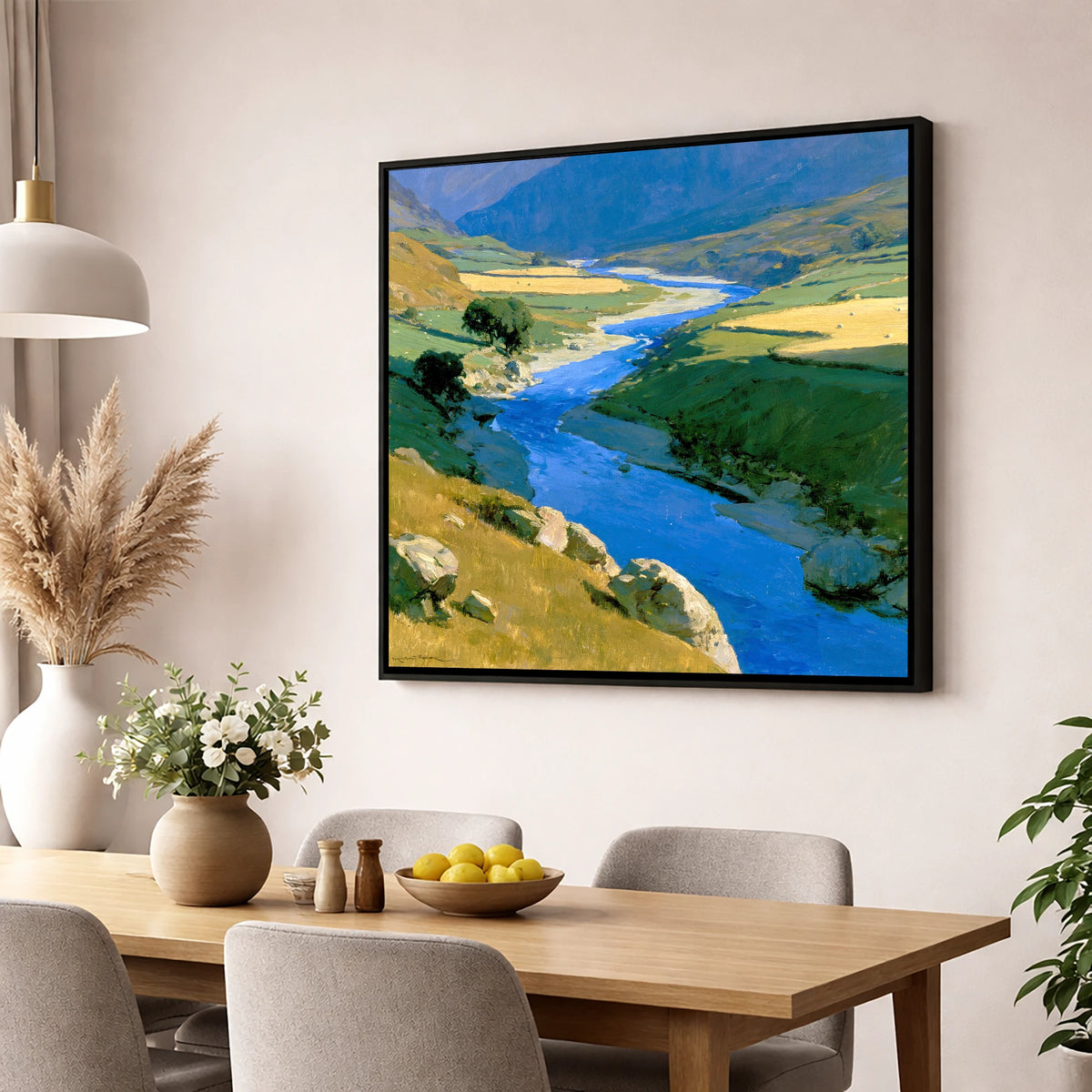 Winding Blue River Valley lake district waterfall wall art displayed in a dining room