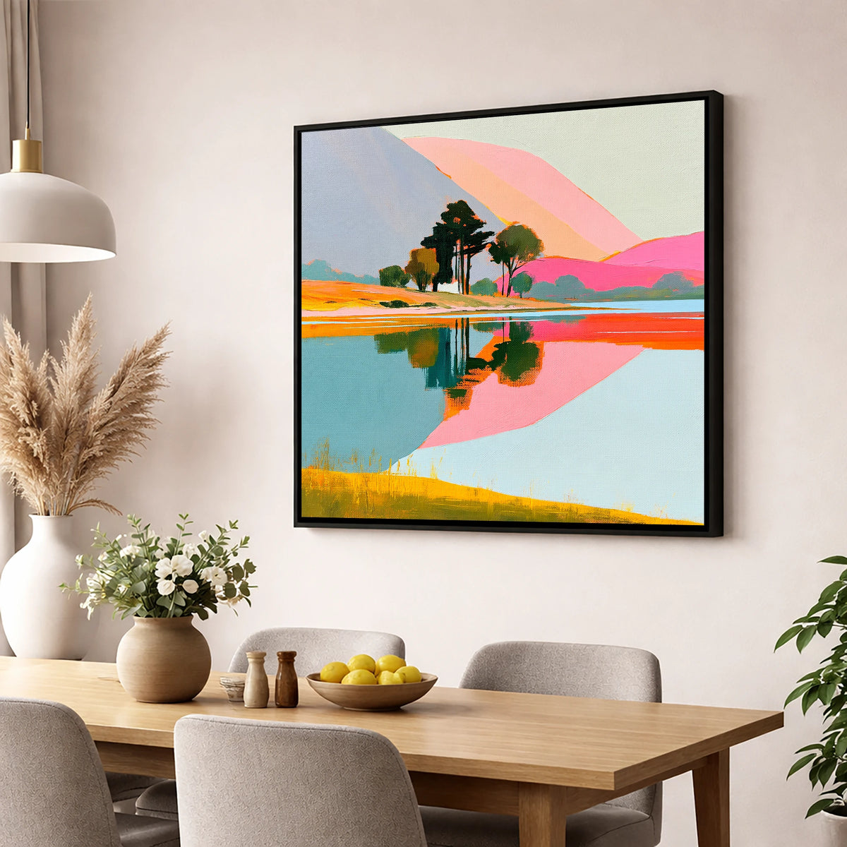 Pink Fells and Lake Reflections lake district lake wall art displayed in a dining room