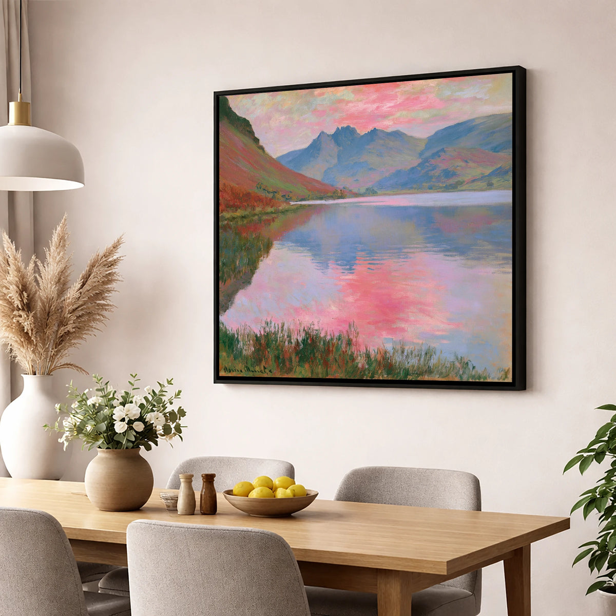 Pink Sunset Reflections on Loweswater lake district lake wall art displayed in a dining room
