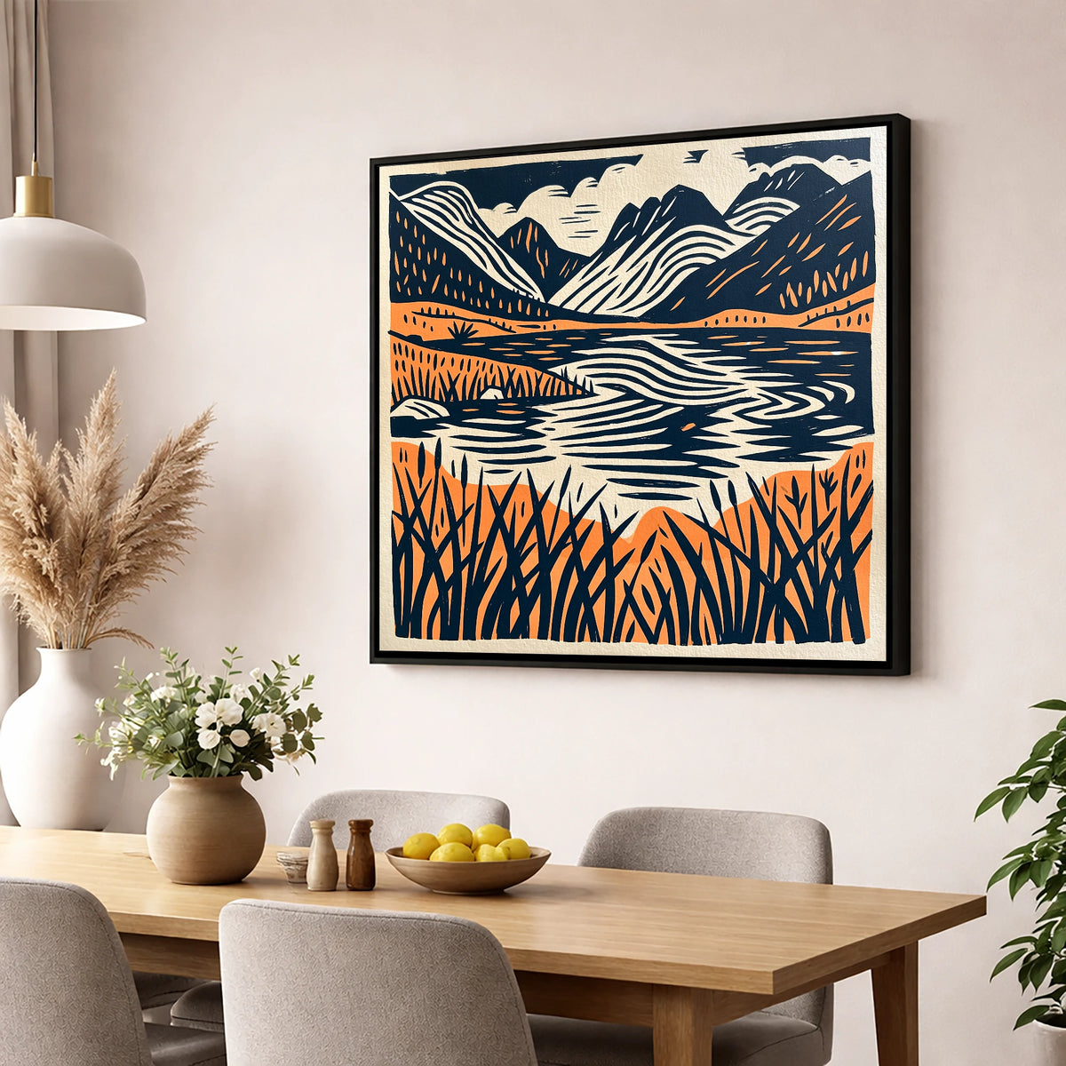 Terracotta Fells and Lake Reflections lake district lake wall art displayed in a dining room