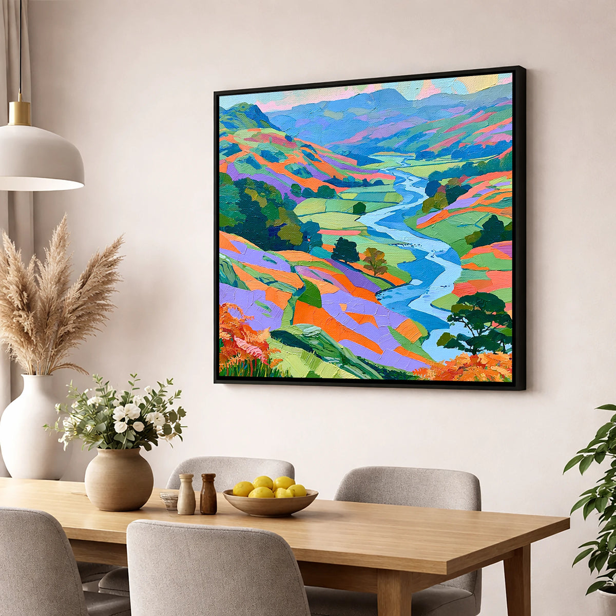Vibrant Lake District River Valley lake district waterfall wall art displayed in a dining room
