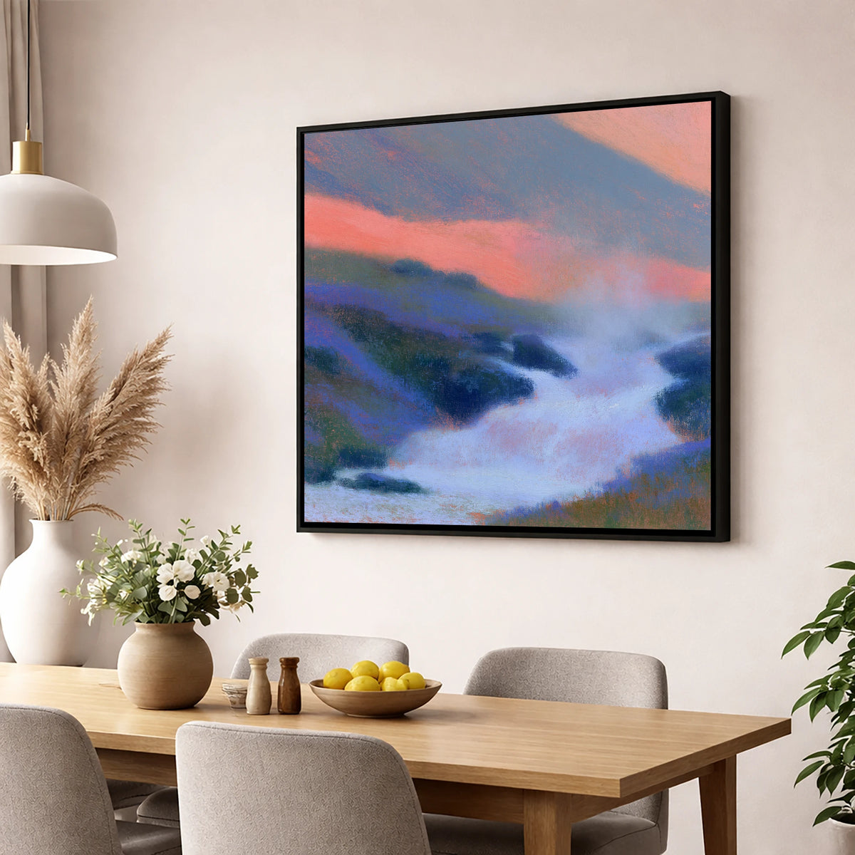 Pink Twilight Over Fellside Beck lake district waterfall wall art displayed in a dining room