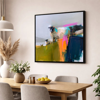 Vibrant Herdwick Sheep on Fellside lake district wildlife wall art displayed in a dining room