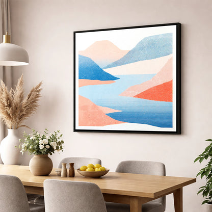 Graphic Lake And Coral Fells lake district lake wall art displayed in a dining room