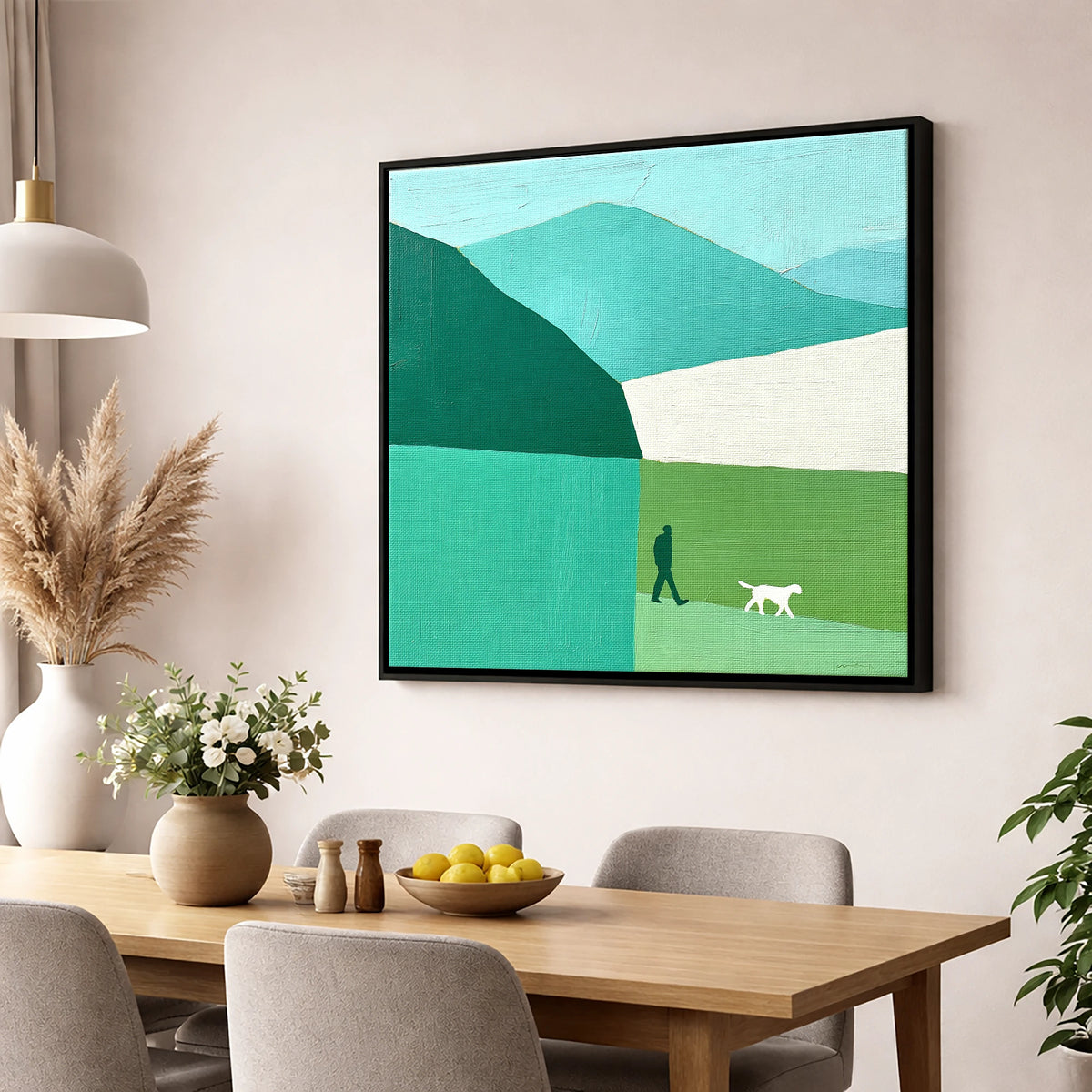 Braithwaite Dog Walker in Teal gifts for dog walkers wall art displayed in a dining room