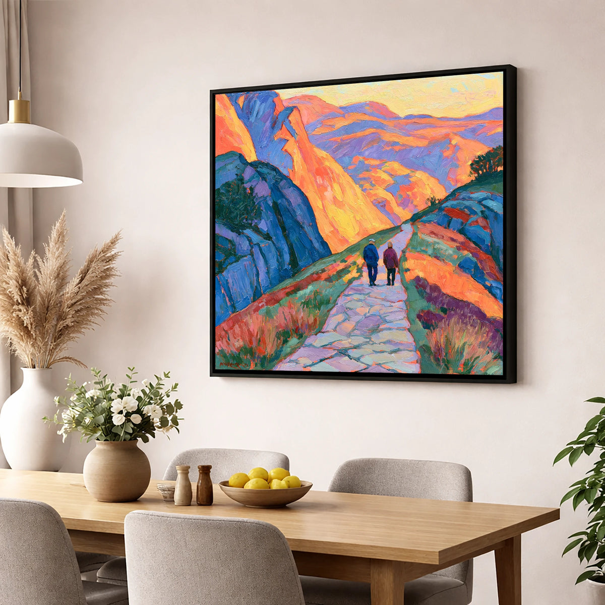 Walkers on an Amber Mountain Path lake district walking wall art displayed in a dining room