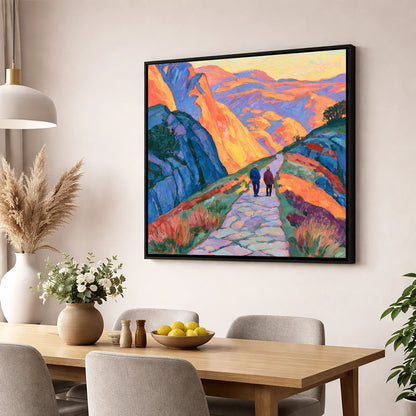 Walkers on an Amber Mountain Path lake district walking wall art displayed in a dining room
