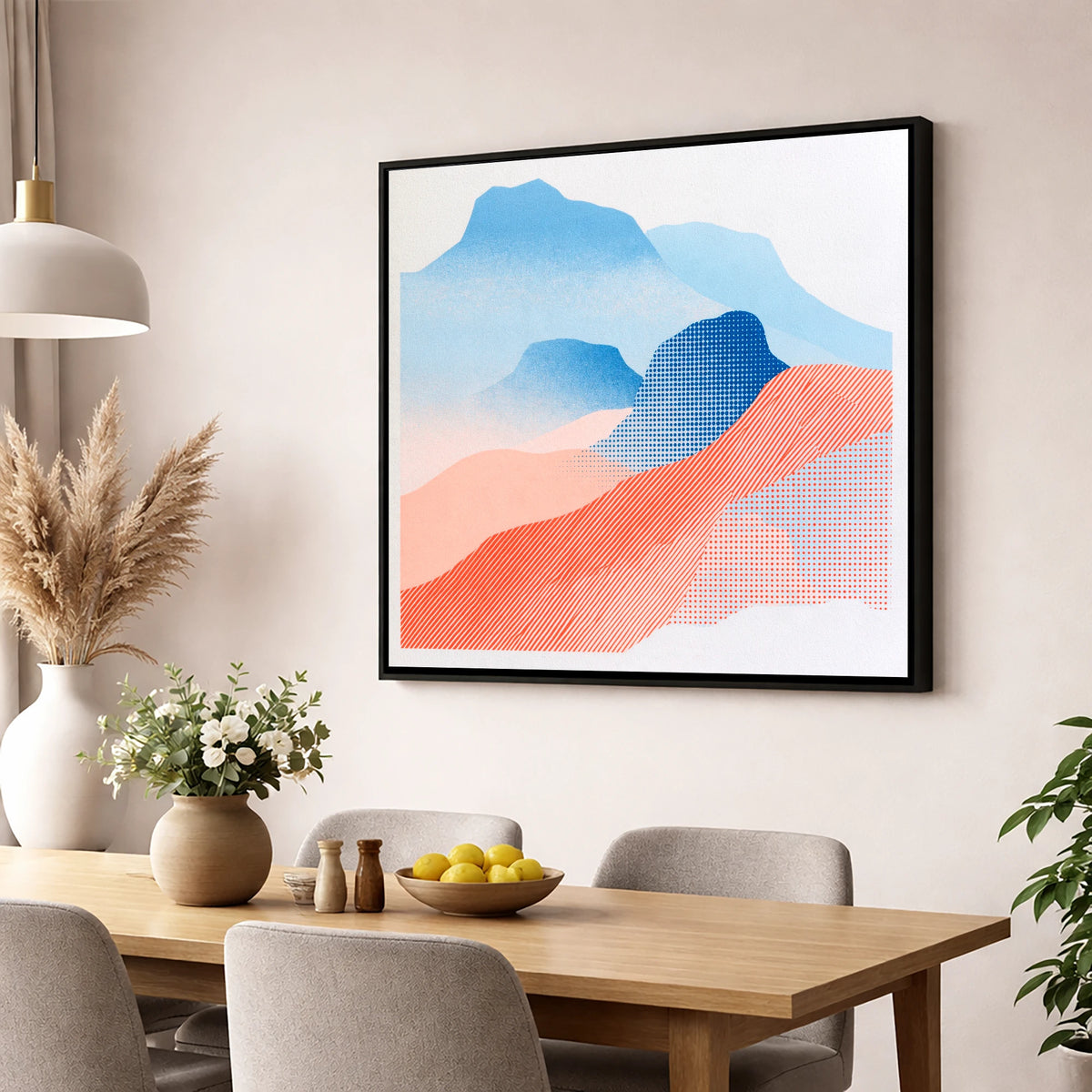 Coral and Blue Langdale Pikes lake district fell wall art displayed in a dining room
