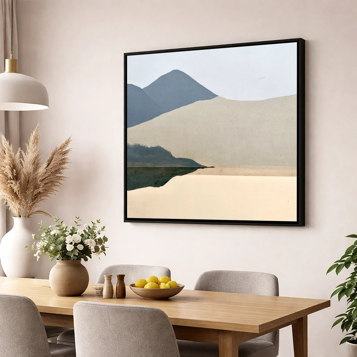 Lakeshore Reflection and Slate Blue Fells lake district lake wall art displayed in a dining room
