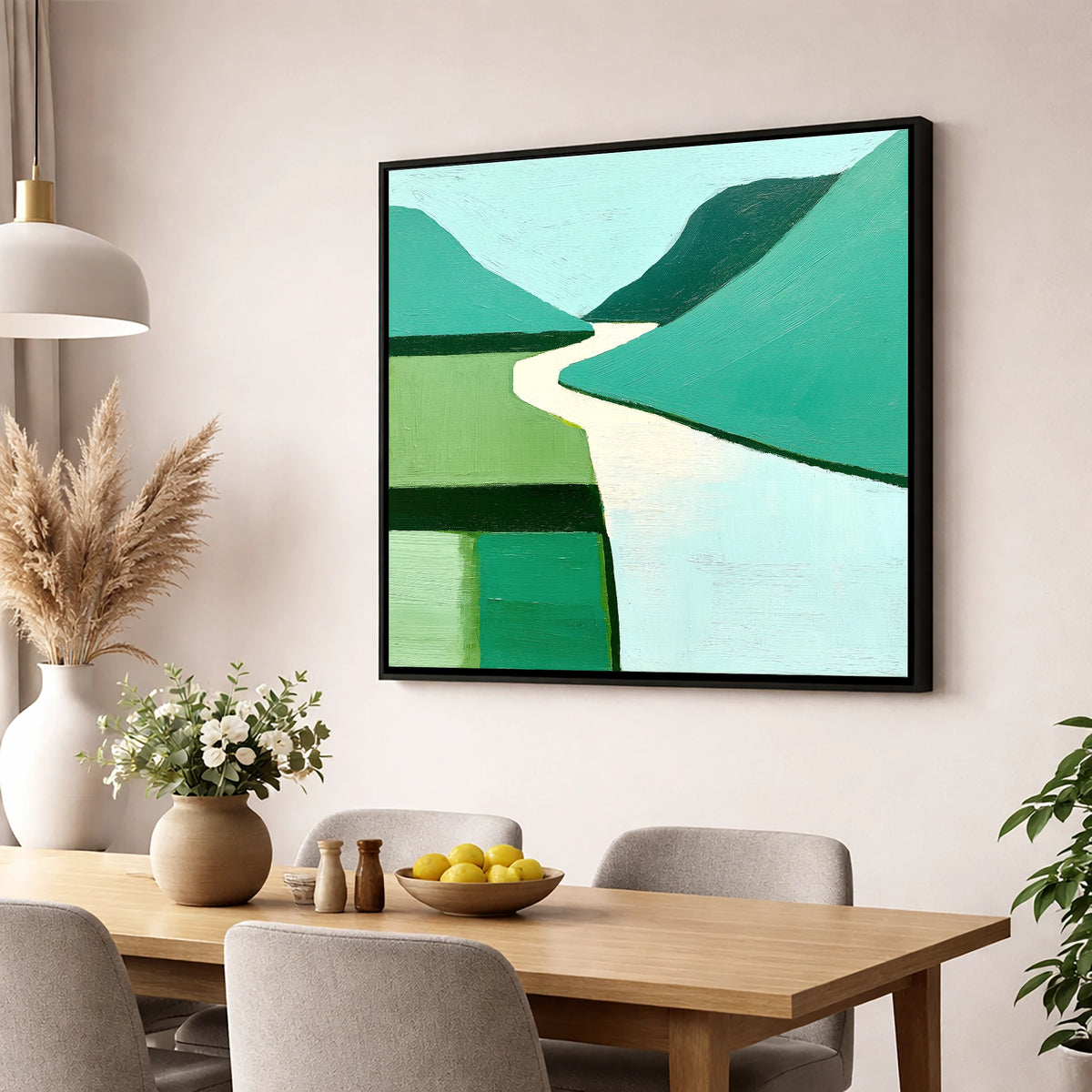 Abstract Green Wasdale Valley lake district valley wall art displayed in a dining room