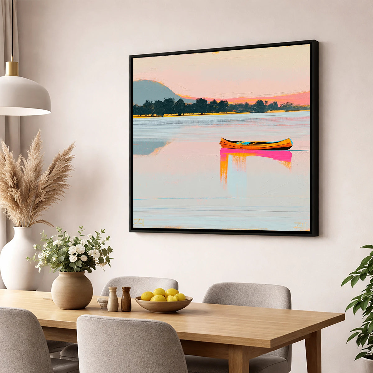 Bright Wooden Canoe on Windermere lake district lake wall art displayed in a dining room