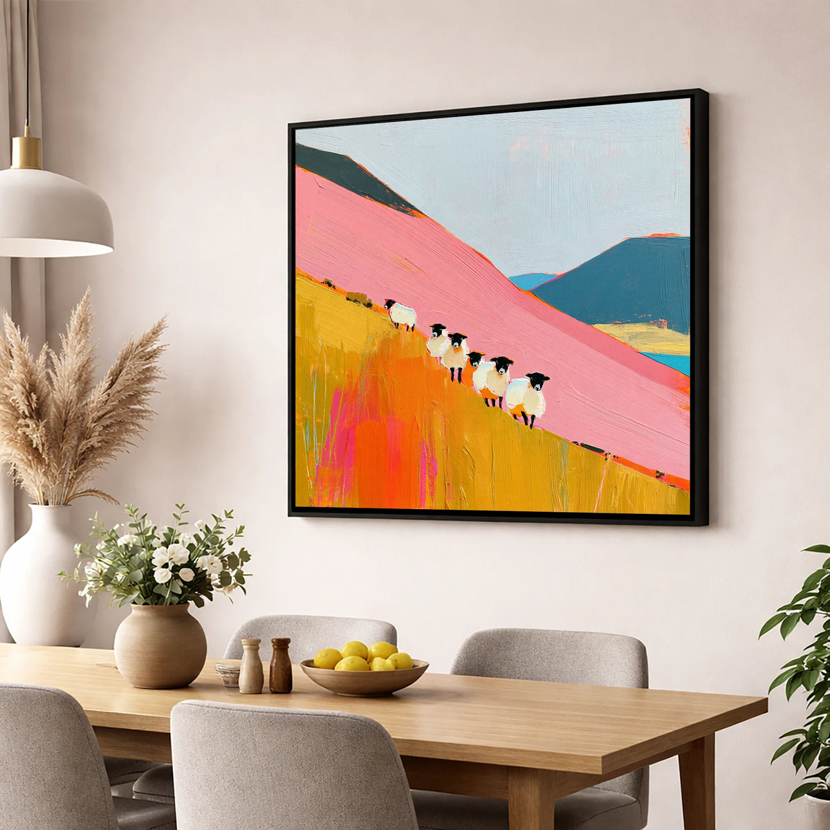 Vibrant Herdwick Sheep on Fellside lake district wildlife wall art displayed in a dining room