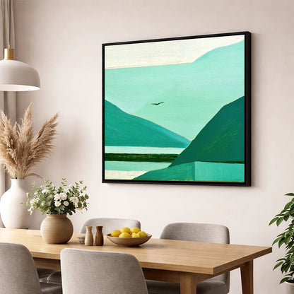 Teal Dawn Mist in Borrowdale lake district sky wall art displayed in a dining room