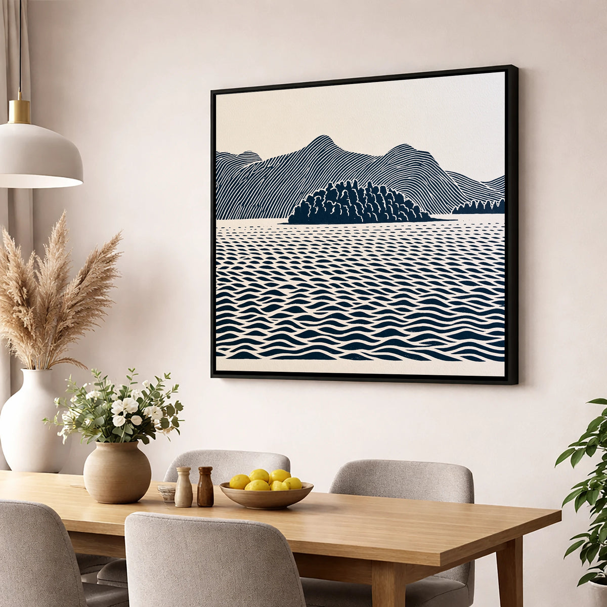 Derwentwater Island in Inky Blue lake district lake wall art displayed in a dining room