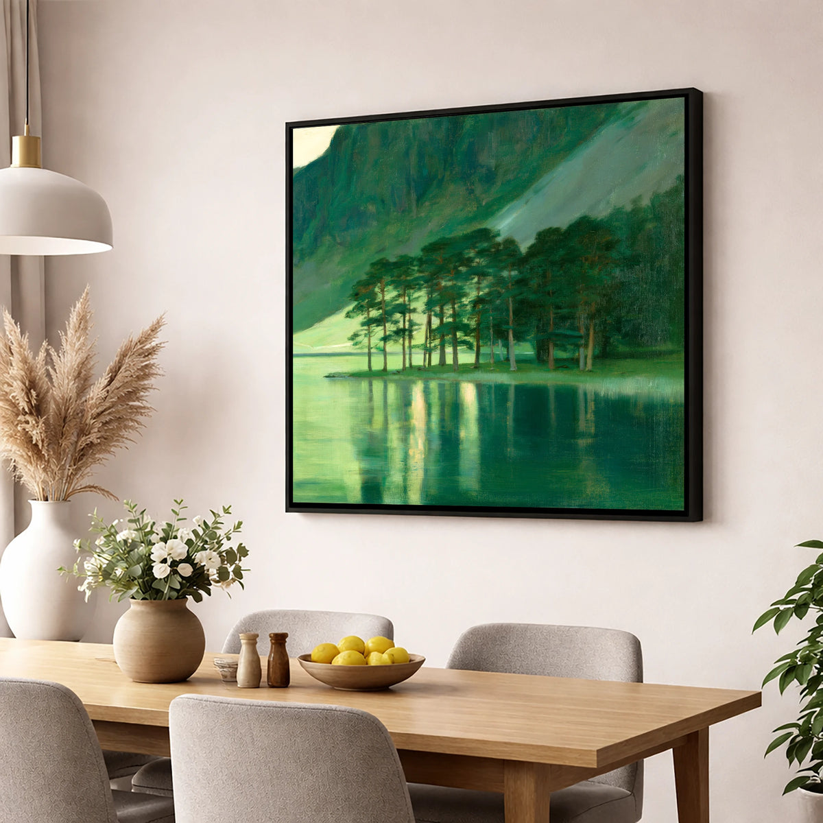Buttermere Pines in Emerald Light lake district lake wall art displayed in a dining room