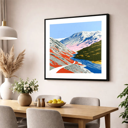 Bold Kirkstone Pass Mountain Road lake district valley wall art displayed in a dining room