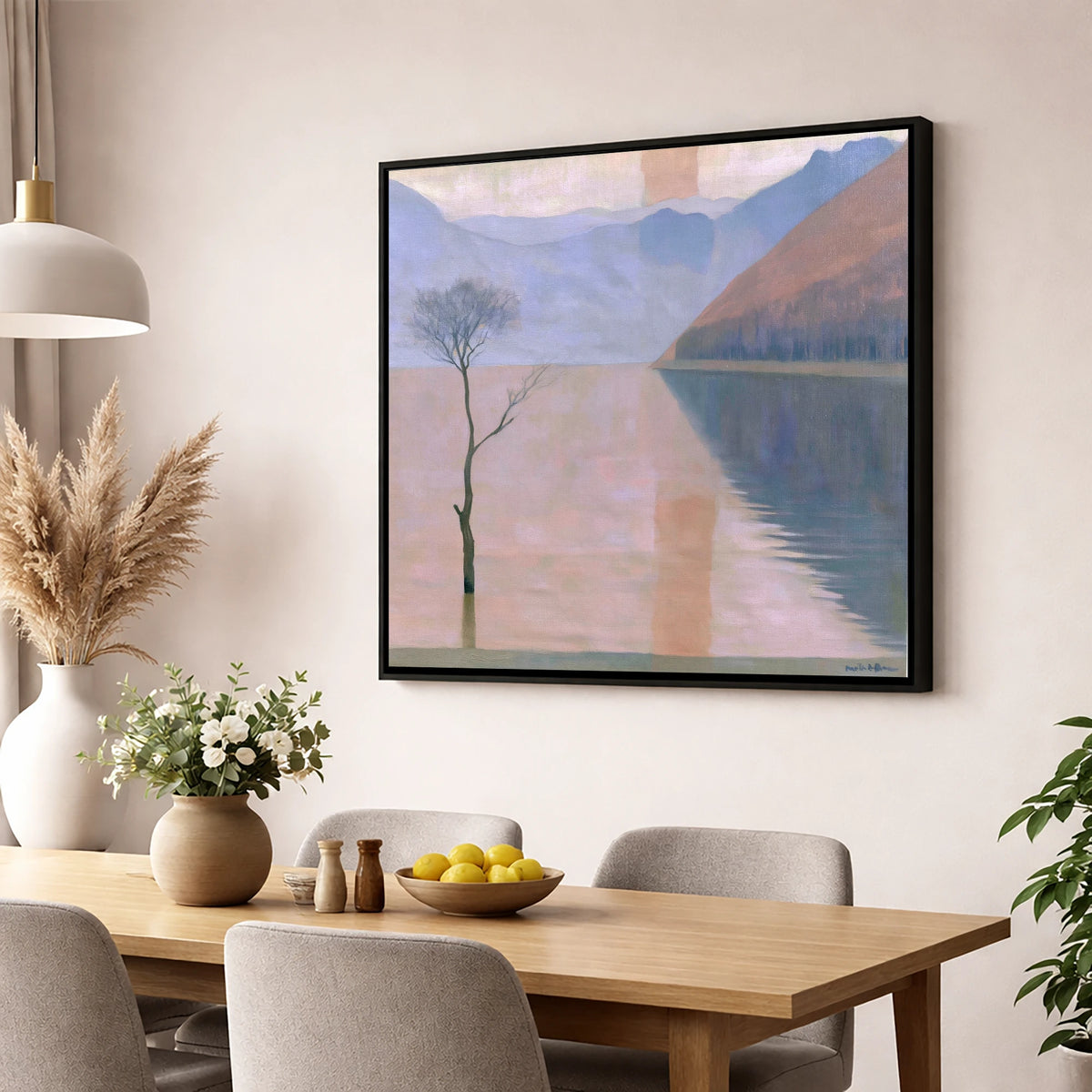 Buttermere Lone Tree in Pastel Light lake district lake wall art displayed in a dining room