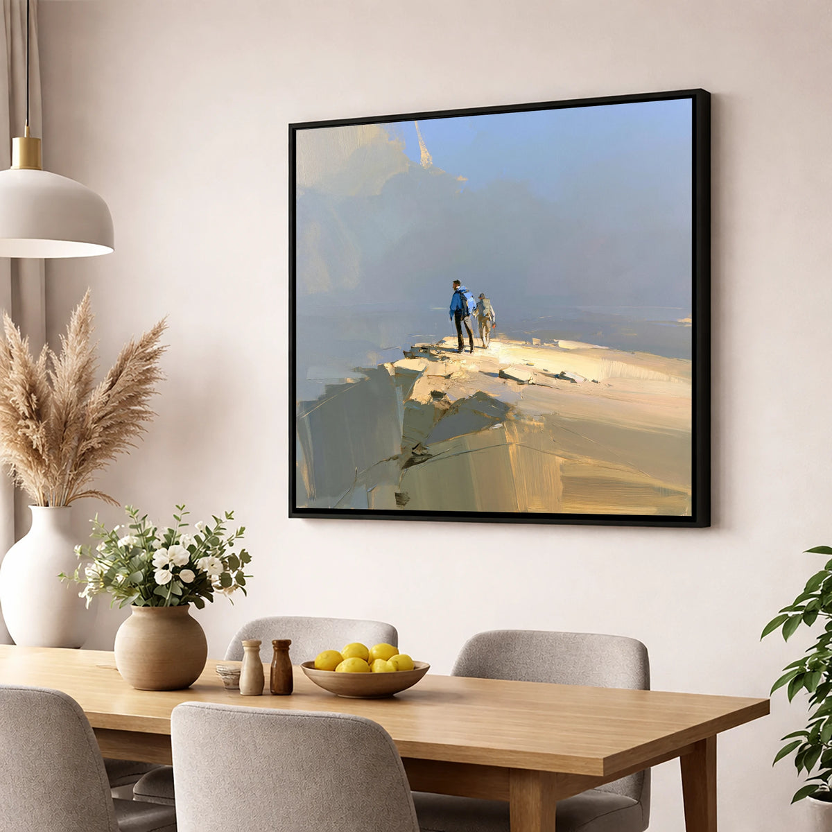 Hikers on Sunlit Fell Summit lake district fell wall art displayed in a dining room