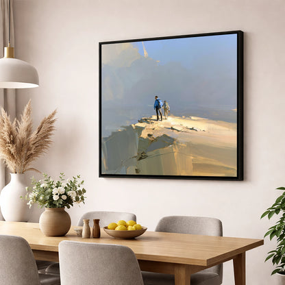 Hikers on Sunlit Fell Summit lake district fell wall art displayed in a dining room