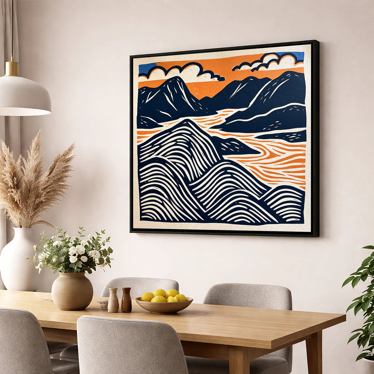 Mountain Summit in Navy and Orange lake district fell wall art displayed in a dining room