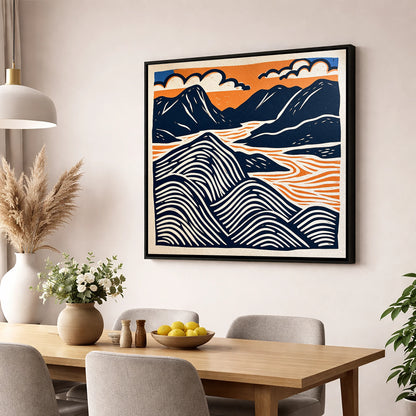 Mountain Summit in Navy and Orange lake district fell wall art displayed in a dining room