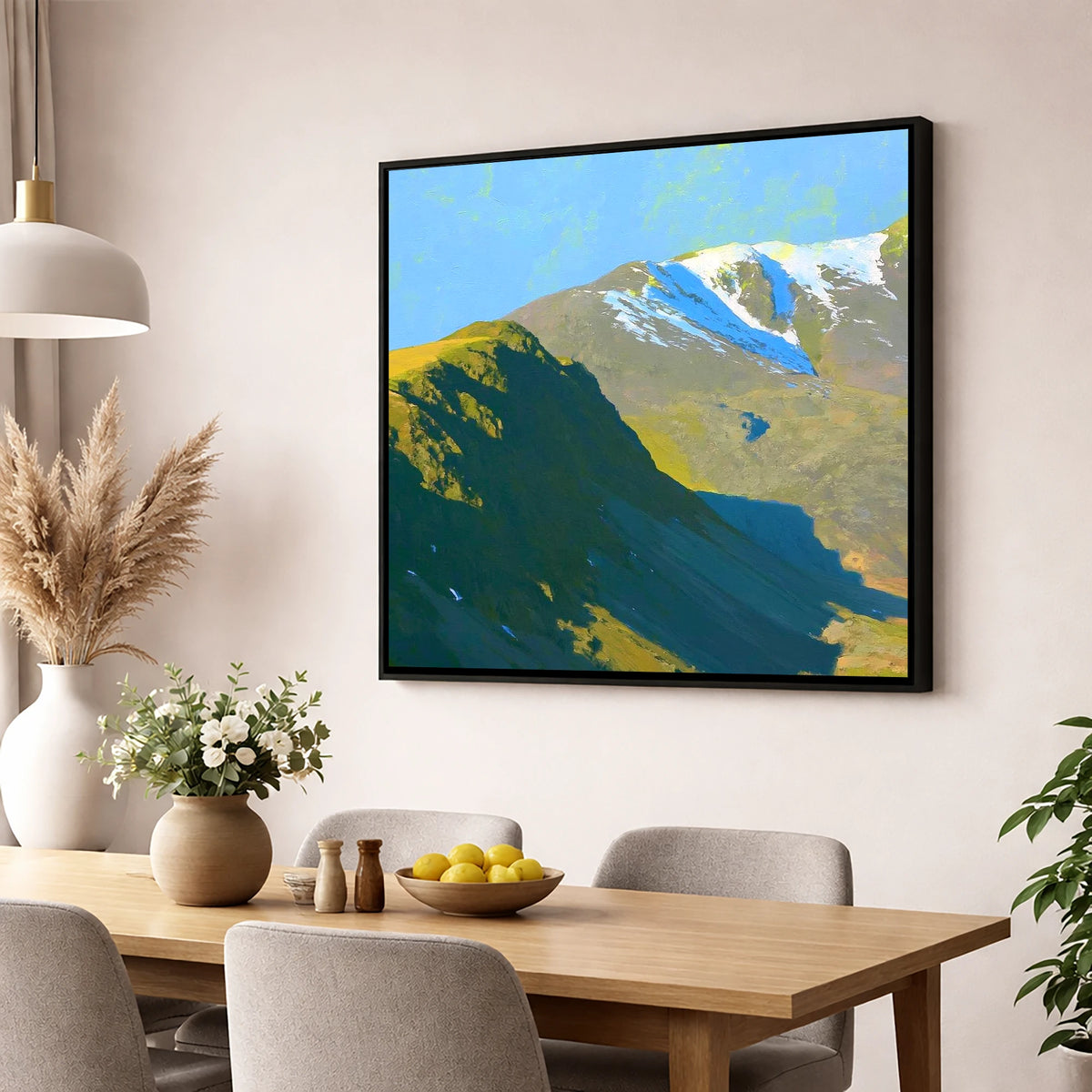 Winter Sun on Slight Side lake district fell wall art displayed in a dining room