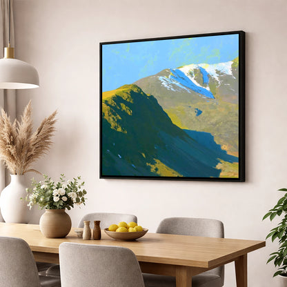 Winter Sun on Slight Side lake district fell wall art displayed in a dining room