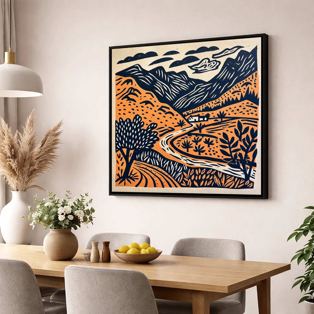 Terracotta And Navy Eskdale Valley lake district valley wall art displayed in a dining room