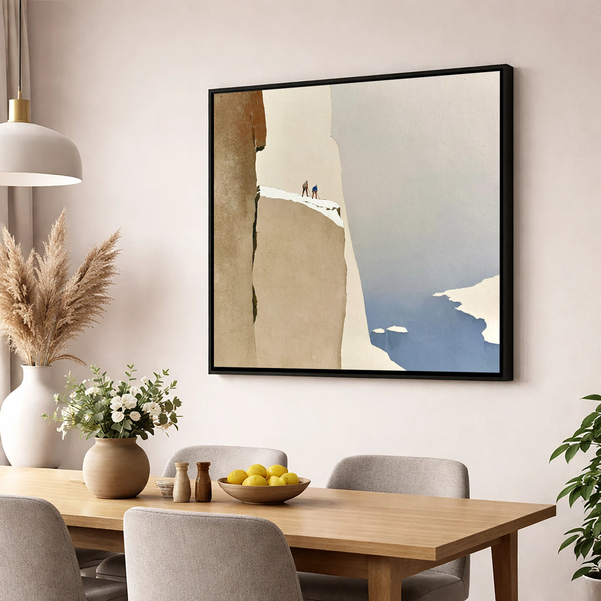 Climbers on a Snowy Precipice lake district walking wall art displayed in a dining room