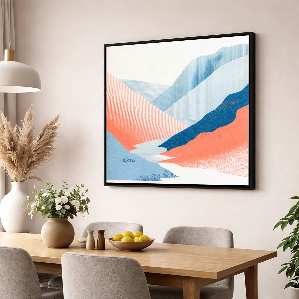 Kirkstone Pass in Blue and Coral lake district valley wall art displayed in a dining room