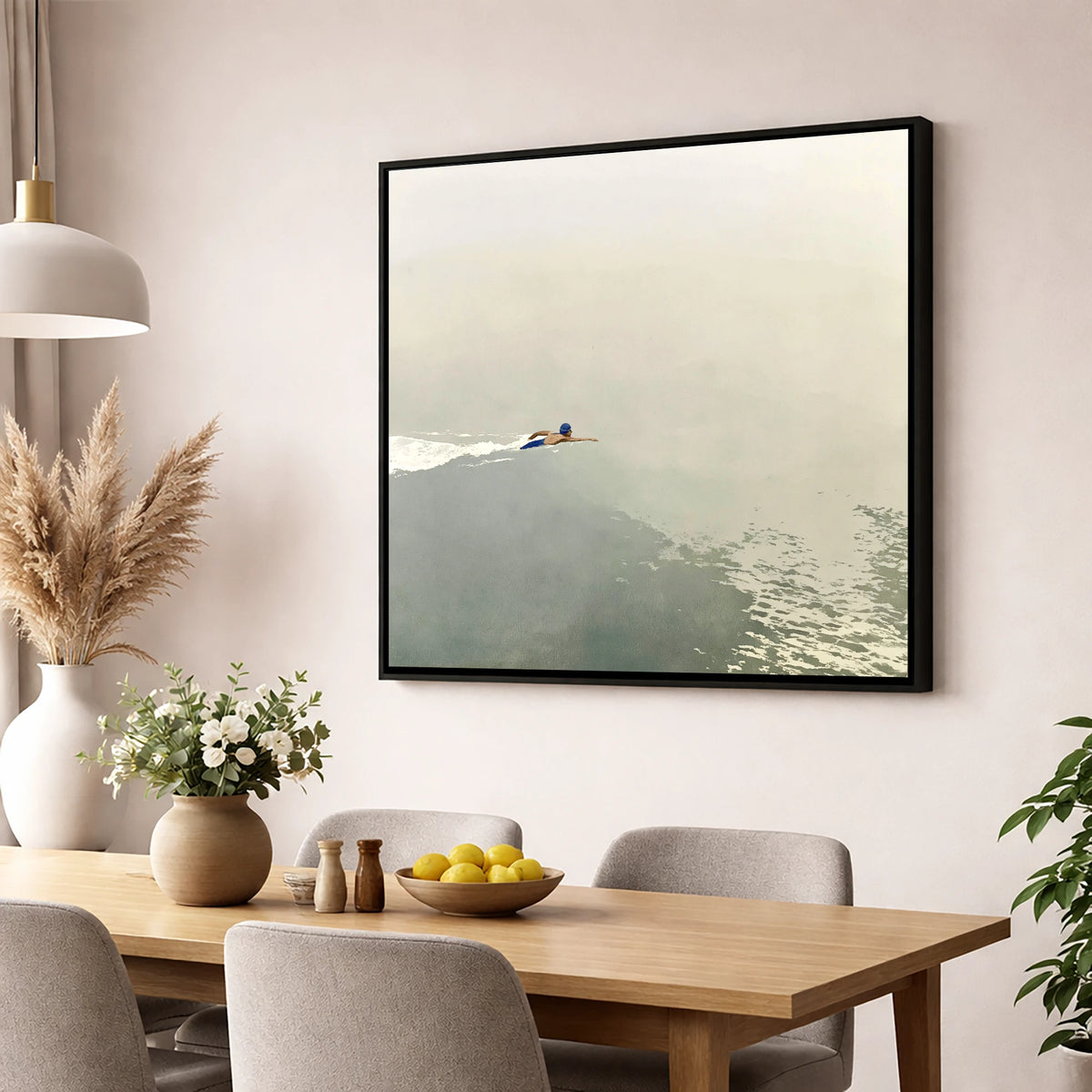 Open Water Swimmer in Morning Mist lake district walking wall art displayed in a dining room