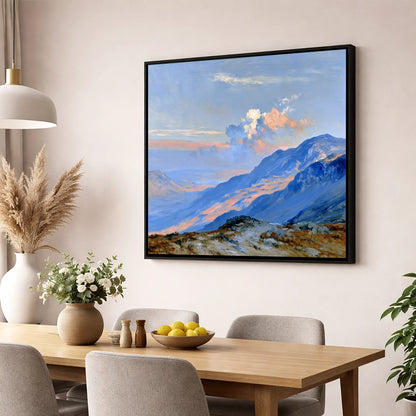 Sunlit Summit Over Blue Fells lake district fell wall art displayed in a dining room