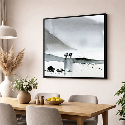 Monochrome Herdwick Sheep on Fellside lake district wildlife wall art displayed in a dining room