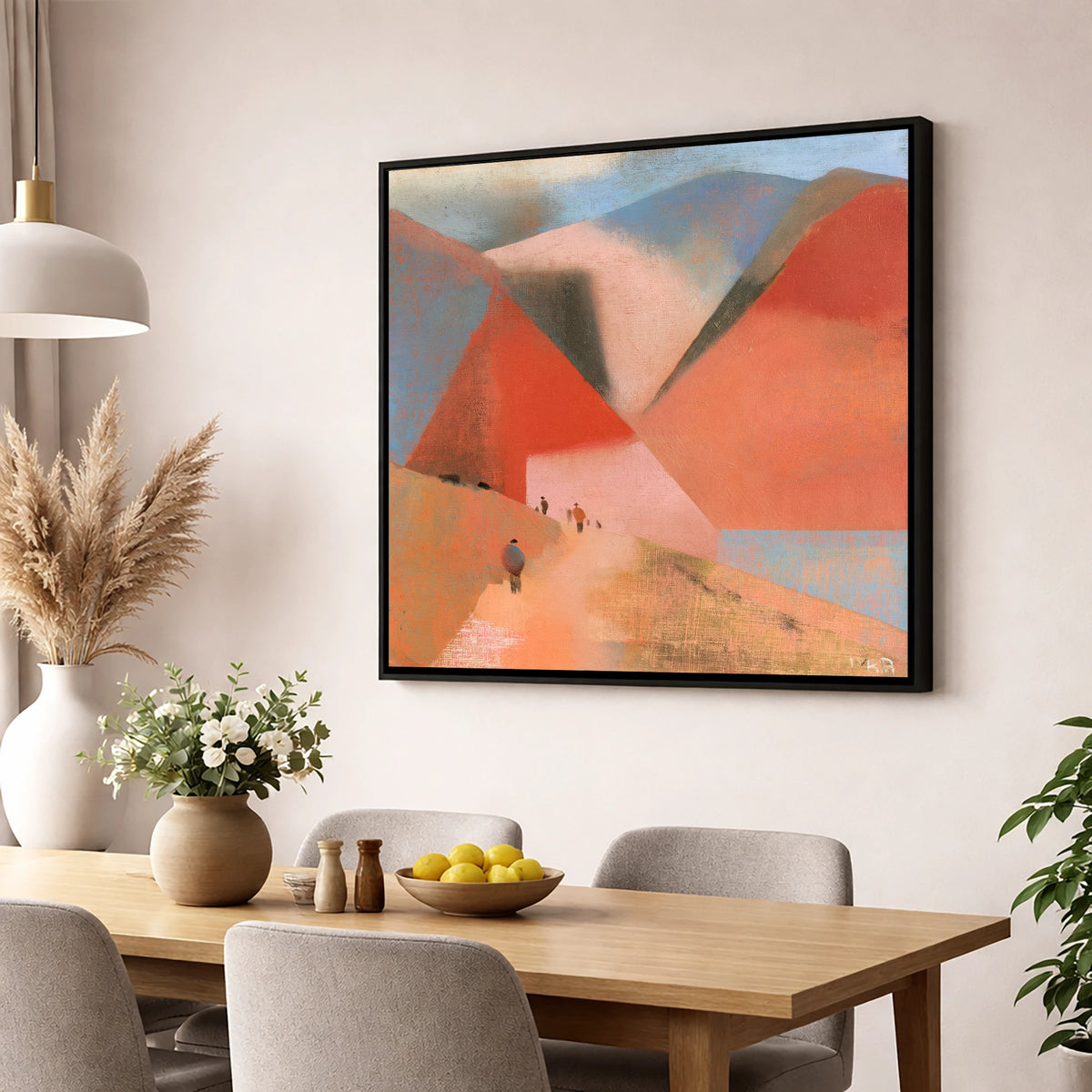 Terracotta Fells and Mountain Walkers lake district walking wall art displayed in a dining room